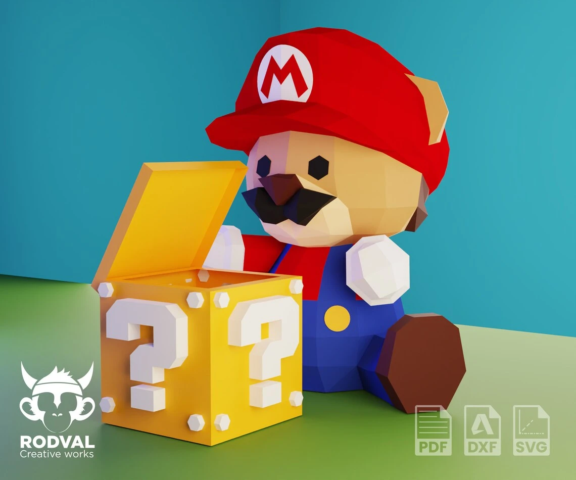 MARIO & LUIGi TEDDY, bear, Papercraft, Template, DIY, Paper, Low Poly, Mario, Game character, 3D Model, Pdf Low Poply, Kids Toy