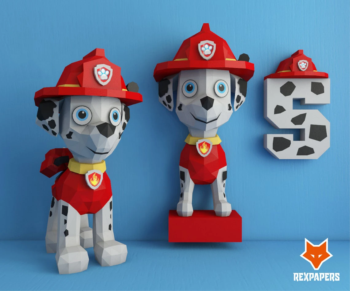 Marshall, PAW Patrol Papercraft, PDF Template, DIY 3d Model, FanArt, Paper Sculpture, Low Poly, Pepakura Craft, Manualidad