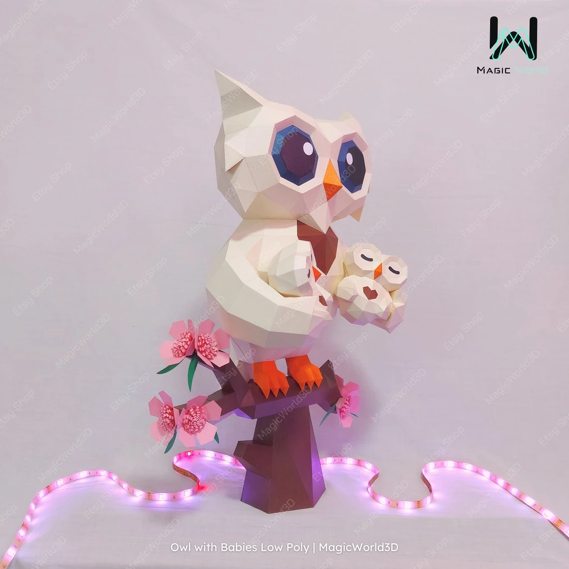 Owl with Babies Low Poly, Papercraft, PDF template, Paper model, Sculpture, 3D puzzle, Polygonal model, Lowpoly