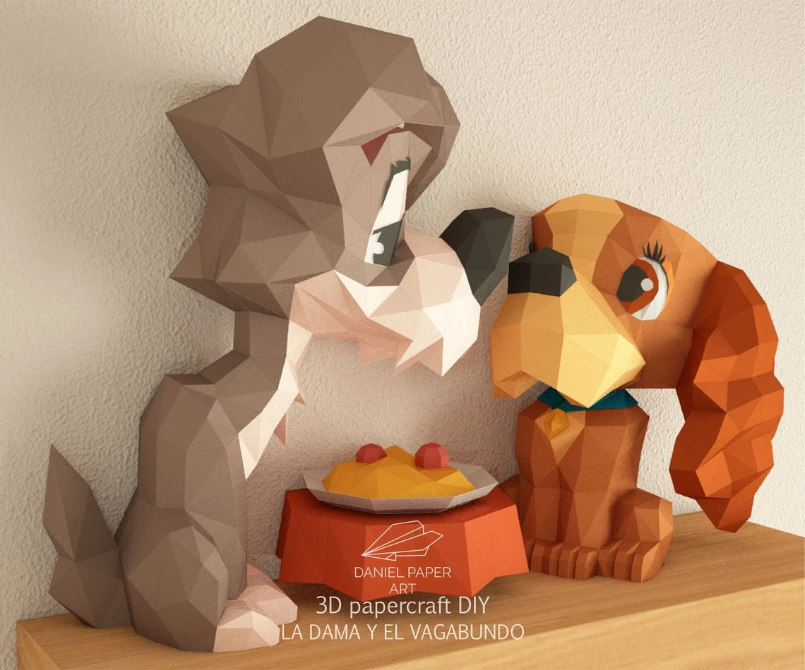 Lady and the Tramp, La Dama y el Vagabundo PDF Template, DIY 3d Model, FanArt, Paper Sculpture, Low Poly, Pepakura, Craft, Manualidad, Paper Art