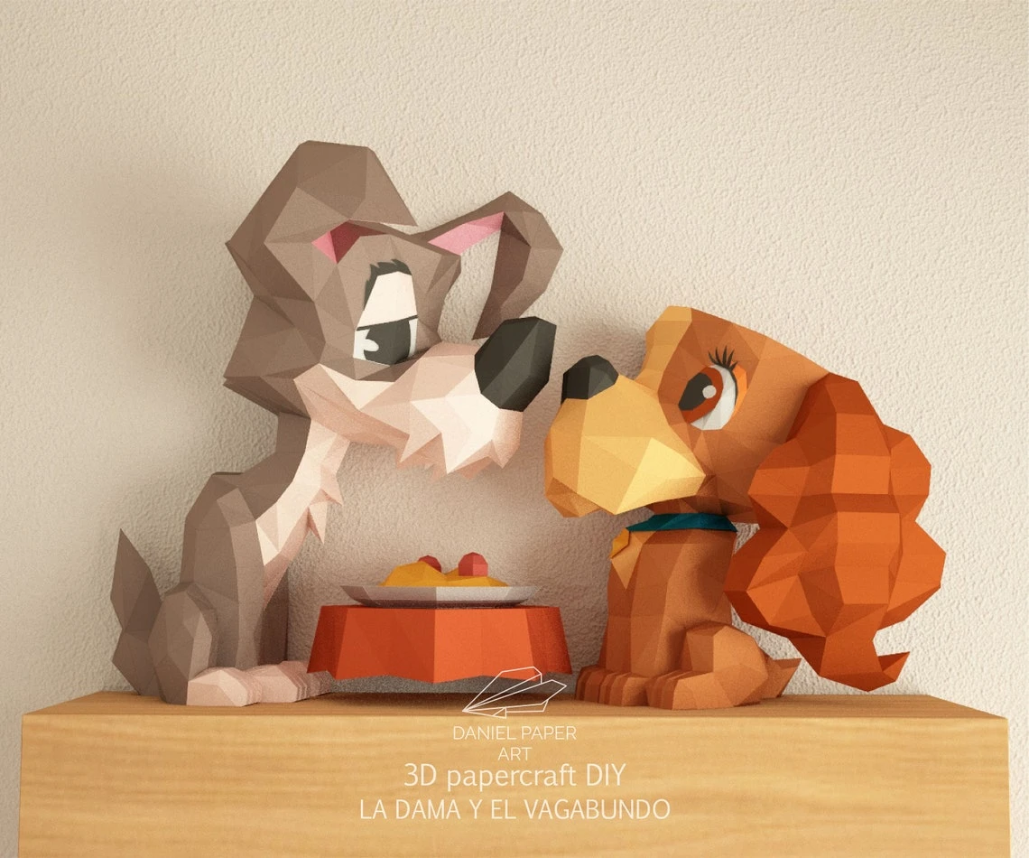 Lady and the Tramp, La Dama y el Vagabundo PDF Template, DIY 3d Model, FanArt, Paper Sculpture, Low Poly, Pepakura, Craft, Manualidad, Paper Art