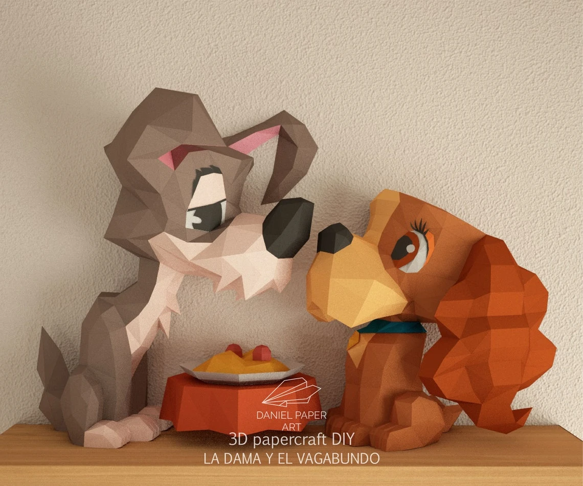 Lady and the Tramp, La Dama y el Vagabundo PDF Template, DIY 3d Model, FanArt, Paper Sculpture, Low Poly, Pepakura, Craft, Manualidad, Paper Art