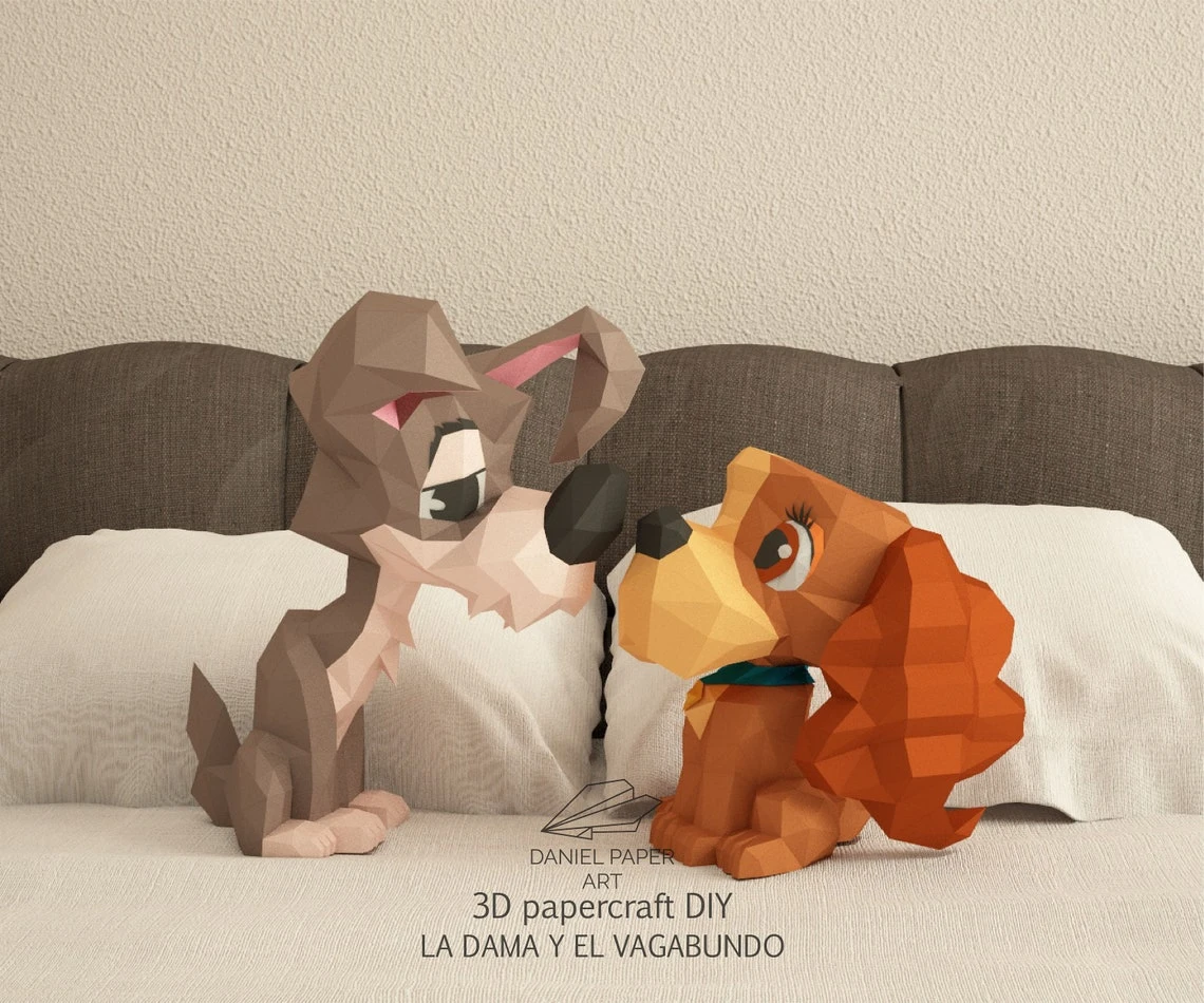 Lady and the Tramp, La Dama y el Vagabundo PDF Template, DIY 3d Model, FanArt, Paper Sculpture, Low Poly, Pepakura, Craft, Manualidad, Paper Art