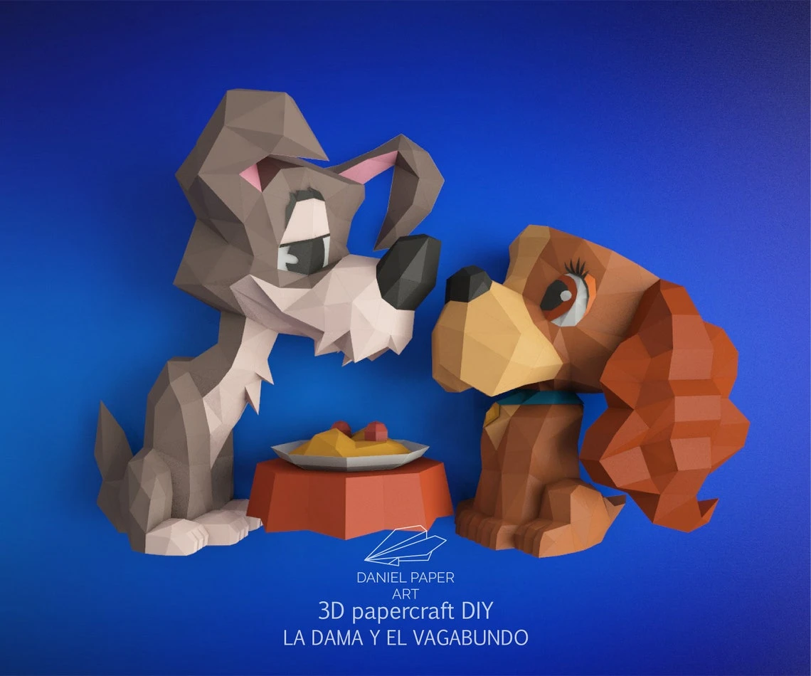 Lady and the Tramp, La Dama y el Vagabundo PDF Template, DIY 3d Model, FanArt, Paper Sculpture, Low Poly, Pepakura, Craft, Manualidad, Paper Art