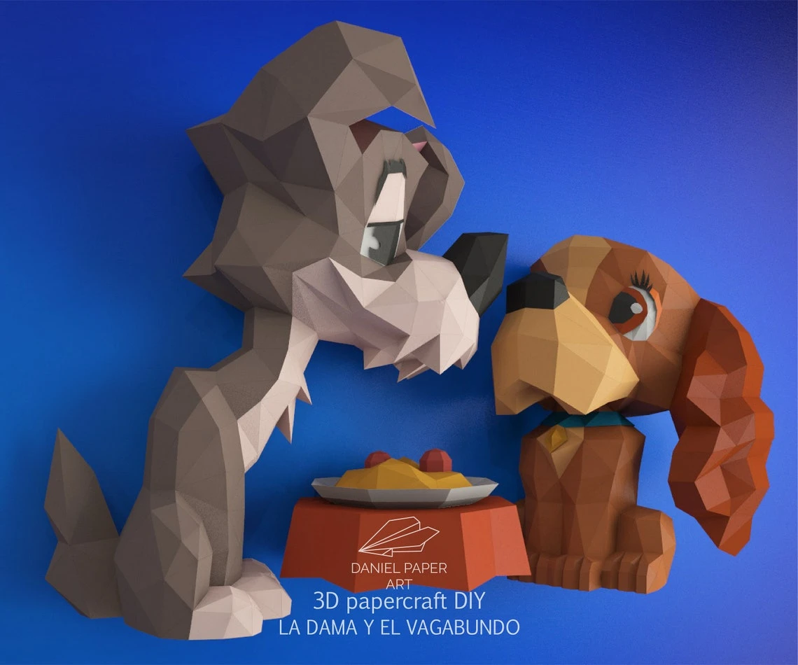 Lady and the Tramp, La Dama y el Vagabundo PDF Template, DIY 3d Model, FanArt, Paper Sculpture, Low Poly, Pepakura, Craft, Manualidad, Paper Art