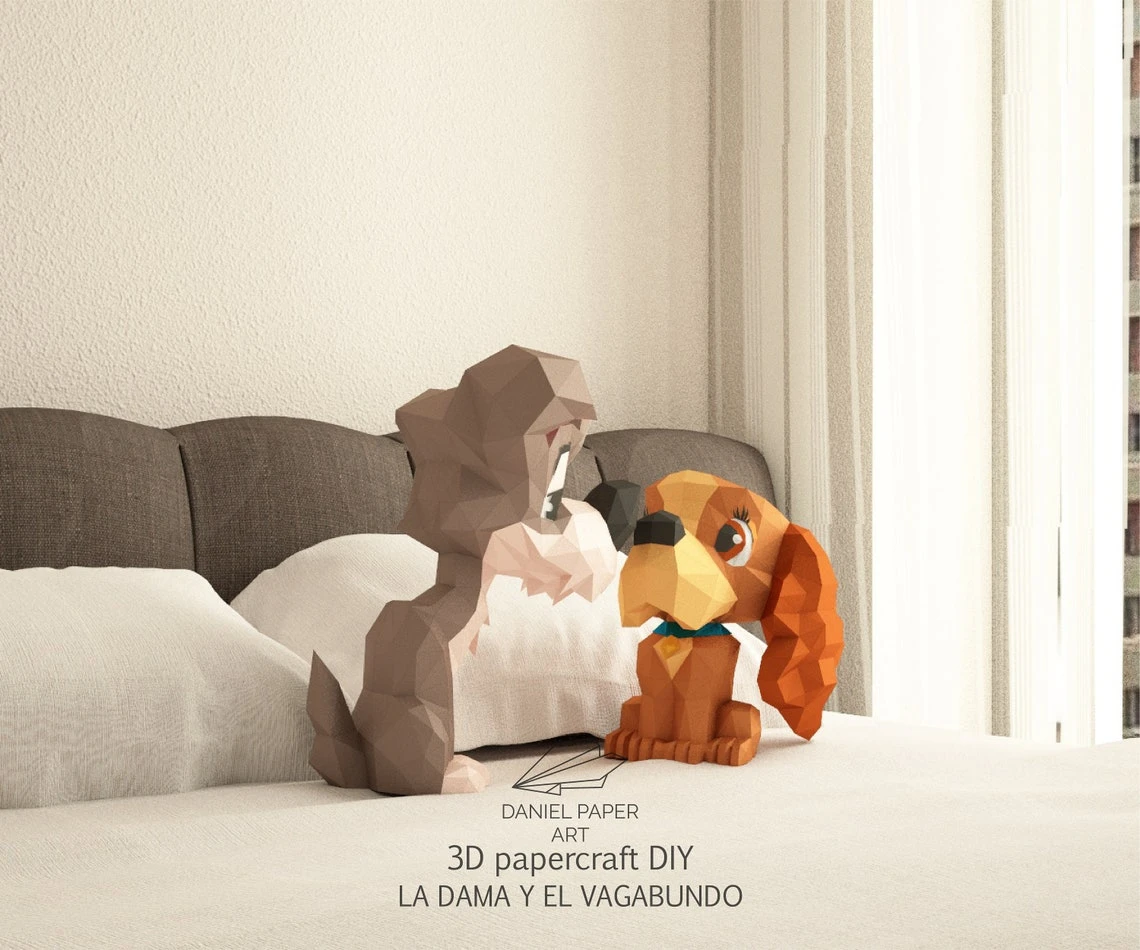 Lady and the Tramp, La Dama y el Vagabundo PDF Template, DIY 3d Model, FanArt, Paper Sculpture, Low Poly, Pepakura, Craft, Manualidad, Paper Art