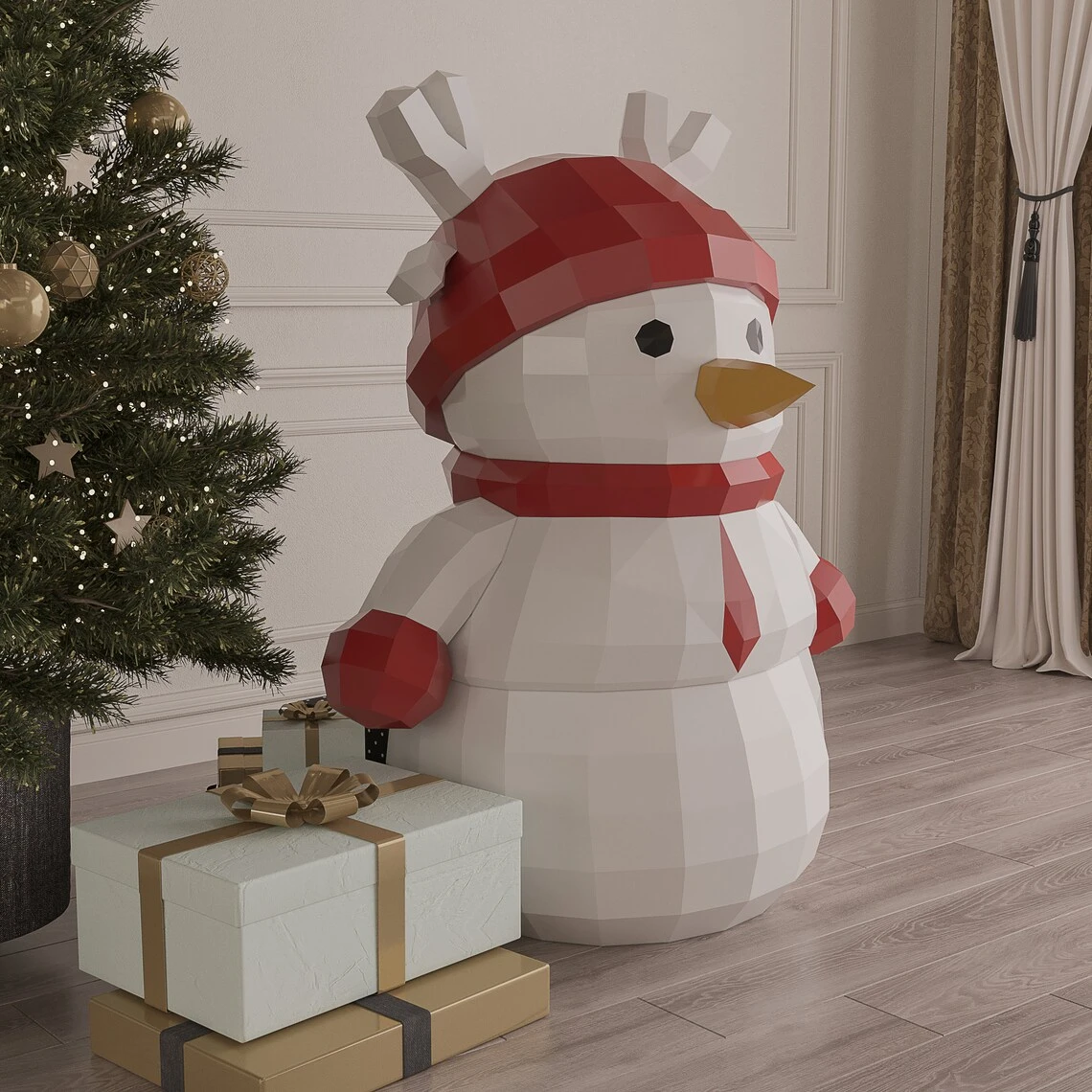 Papercraft Christmas Snowman, Paper Craft Christmas Snowman Model, Snowman PDF template, 3D Christmas sculpture, Low poly pattern Snowman