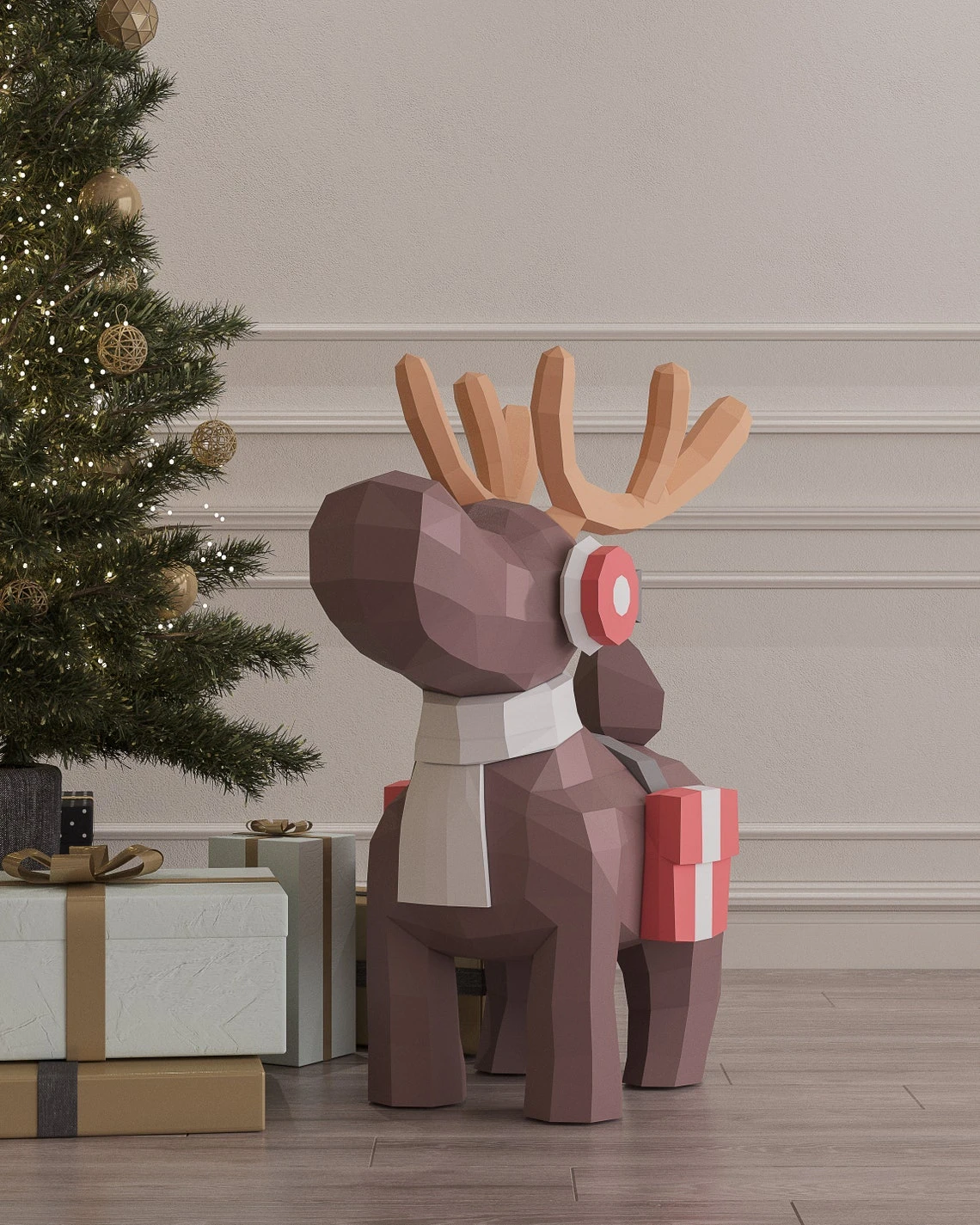 Papercraft Reindeer Christmas, Paper Craft Reindeer Model, Reindeer PDF template, 3D Reindeer sculpture, Low poly pattern Reindeer Christmas