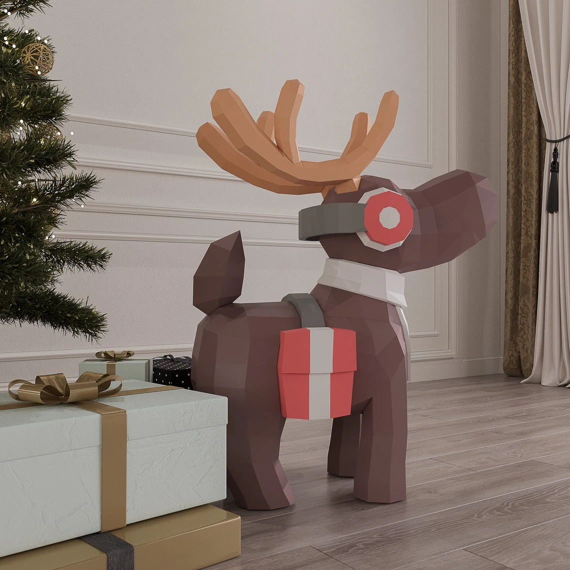 Papercraft Reindeer Christmas, Paper Craft Reindeer Model, Reindeer PDF template, 3D Reindeer sculpture, Low poly pattern Reindeer Christmas