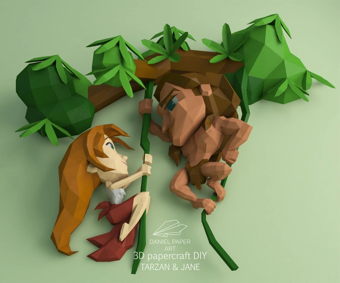 Tarzan and Jane PDF Template, DIY 3d Model, FanArt, Paper Sculpture, Low Poly, Pepakura, Craft, Manualidad, Paper Art