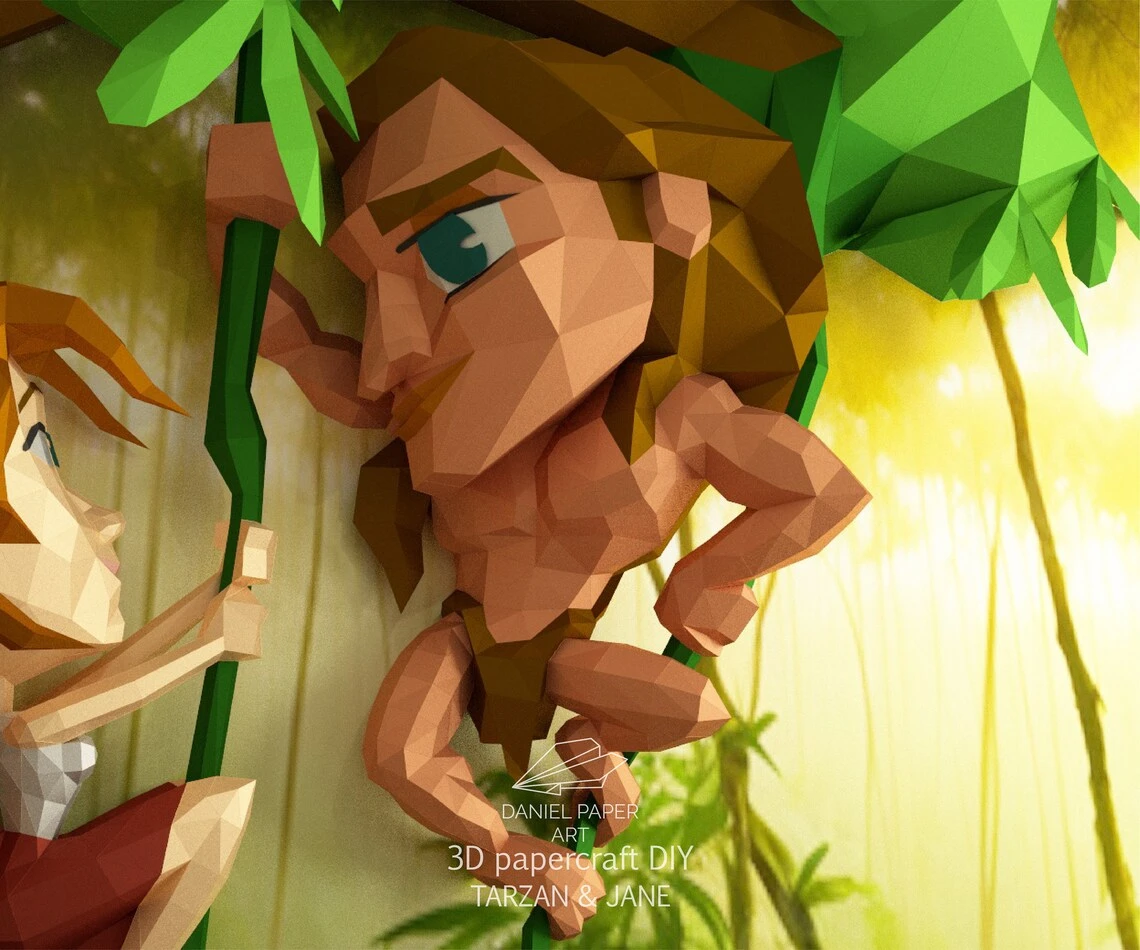 Tarzan and Jane PDF Template, DIY 3d Model, FanArt, Paper Sculpture, Low Poly, Pepakura, Craft, Manualidad, Paper Art