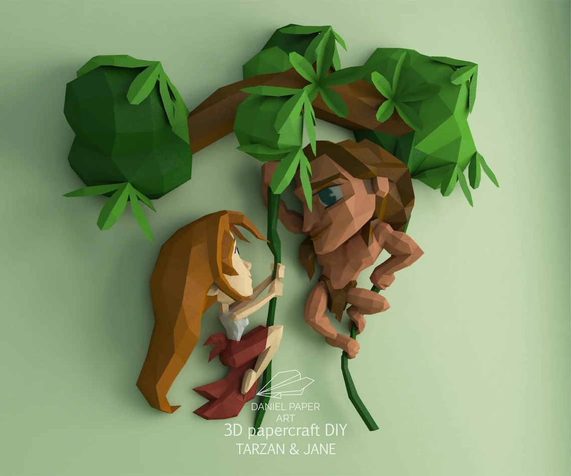 Tarzan and Jane PDF Template, DIY 3d Model, FanArt, Paper Sculpture, Low Poly, Pepakura, Craft, Manualidad, Paper Art