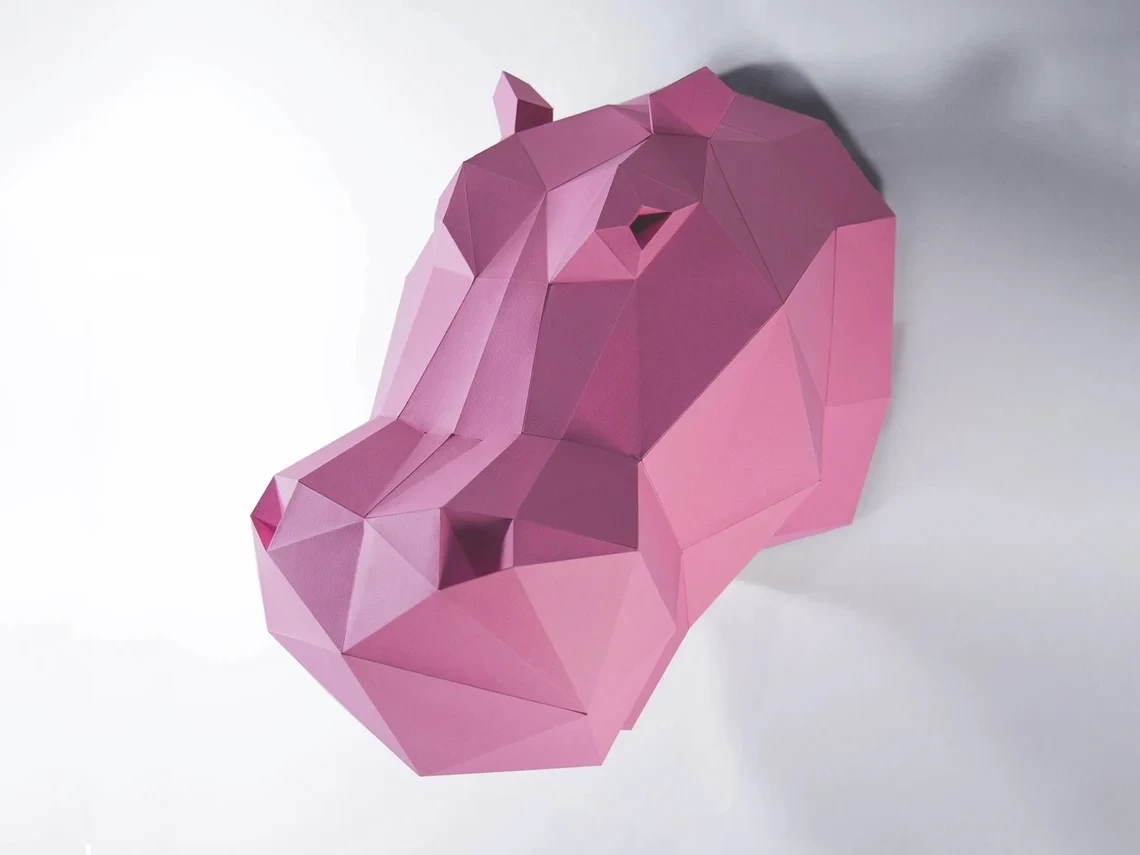 Hippo Head Paper Craft, Digital Template, Origami, PDF Download DIY, Low Poly, Wall Decor