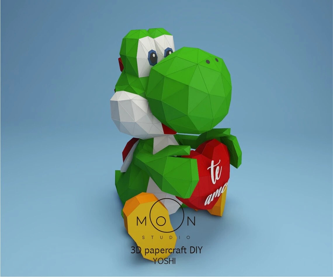 Yoshi I love You, Yoshi Te Amo, DIY, Papercraft, PDF, Low Poly, 3D model, Craft, Paper, Retro Game, Valentine's Day, Love, Room Decor