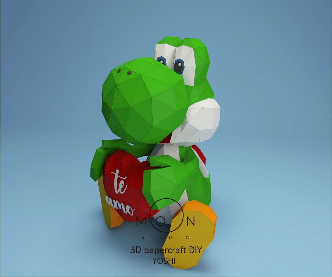 Yoshi I love You, Yoshi Te Amo, DIY, Papercraft, PDF, Low Poly, 3D model, Craft, Paper, Retro Game, Valentine's Day, Love, Room Decor