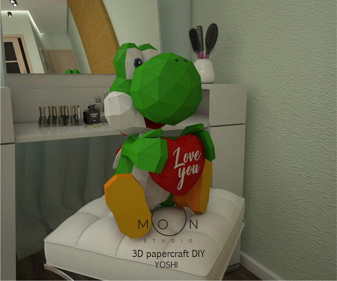 Yoshi I love You, Yoshi Te Amo, DIY, Papercraft, PDF, Low Poly, 3D model, Craft, Paper, Retro Game, Valentine's Day, Love, Room Decor