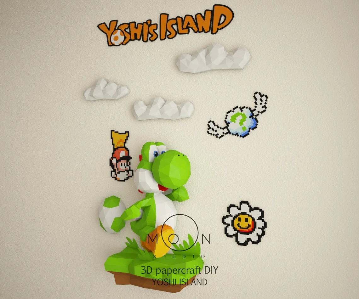 Yoshi Island, DIY, Papercraft, PDF, Low Poly, 3D model, Craft, Paper, Retro Game, GBA, Nes, Snes, Gbc, Room Decor, Wall Decor