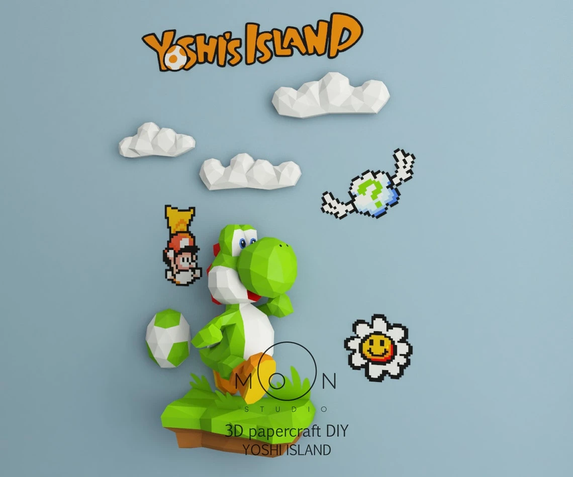 Yoshi Island, DIY, Papercraft, PDF, Low Poly, 3D model, Craft, Paper, Retro Game, GBA, Nes, Snes, Gbc, Room Decor, Wall Decor