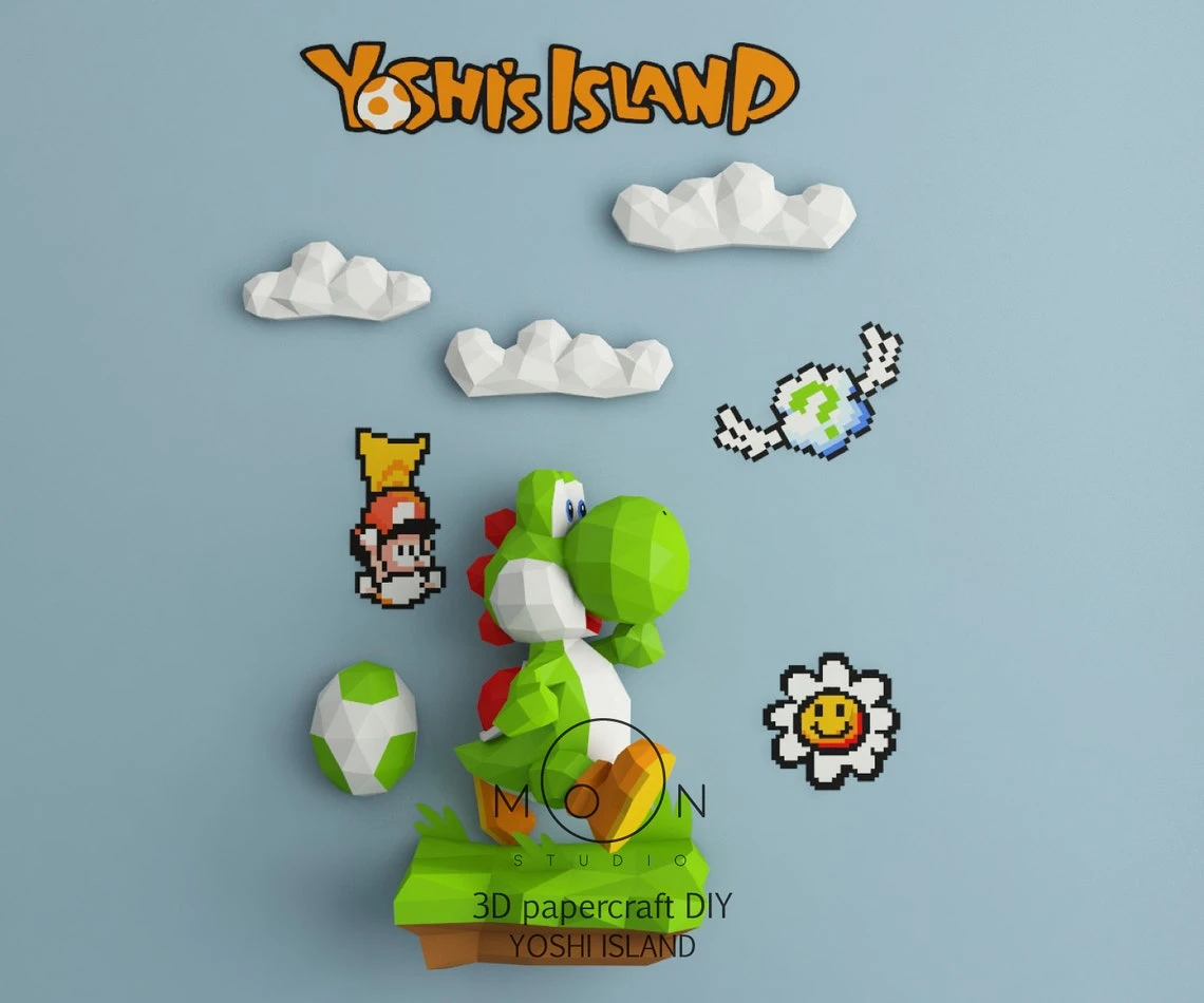 Yoshi Island, DIY, Papercraft, PDF, Low Poly, 3D model, Craft, Paper, Retro Game, GBA, Nes, Snes, Gbc, Room Decor, Wall Decor