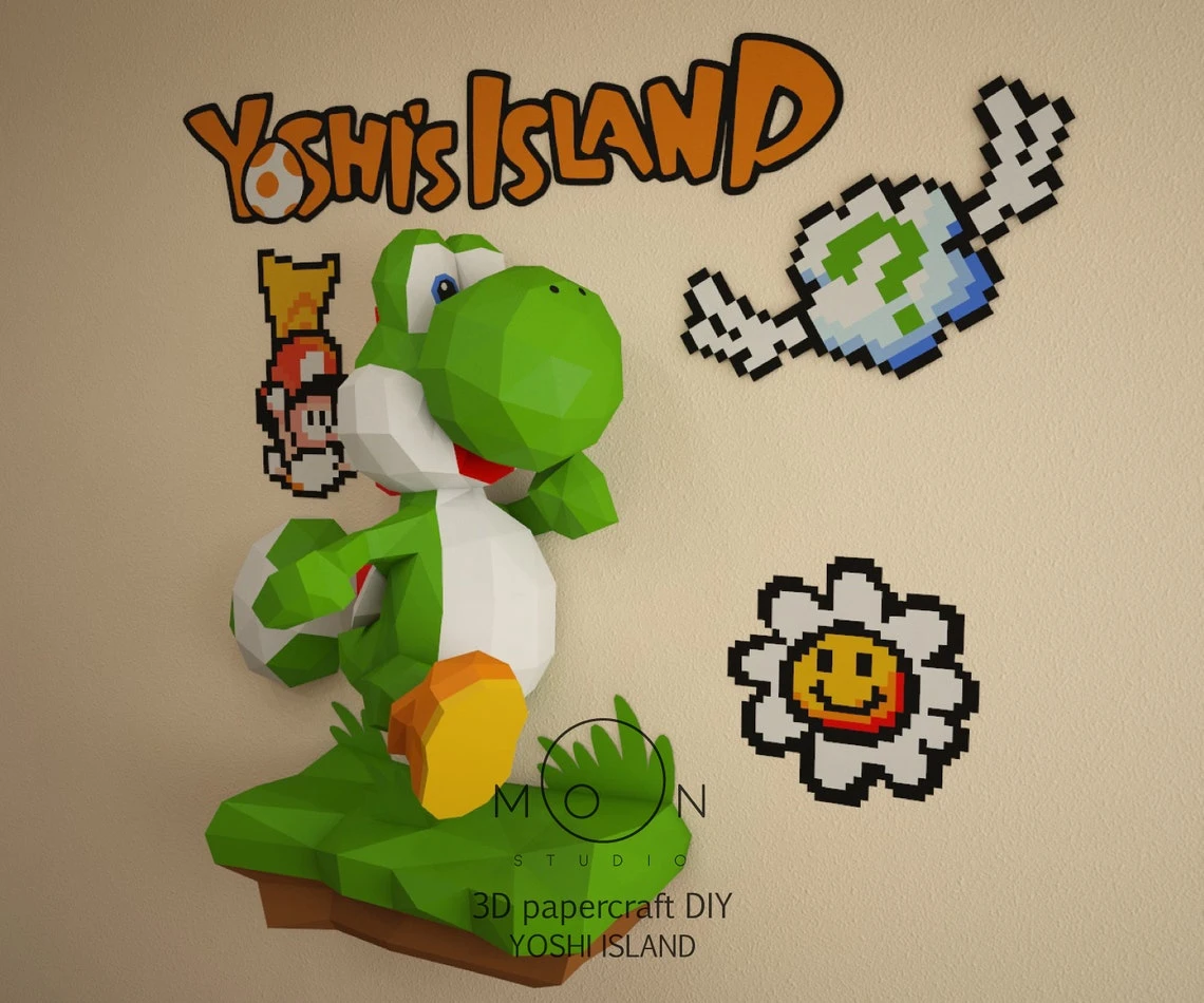 Yoshi Island, DIY, Papercraft, PDF, Low Poly, 3D model, Craft, Paper, Retro Game, GBA, Nes, Snes, Gbc, Room Decor, Wall Decor