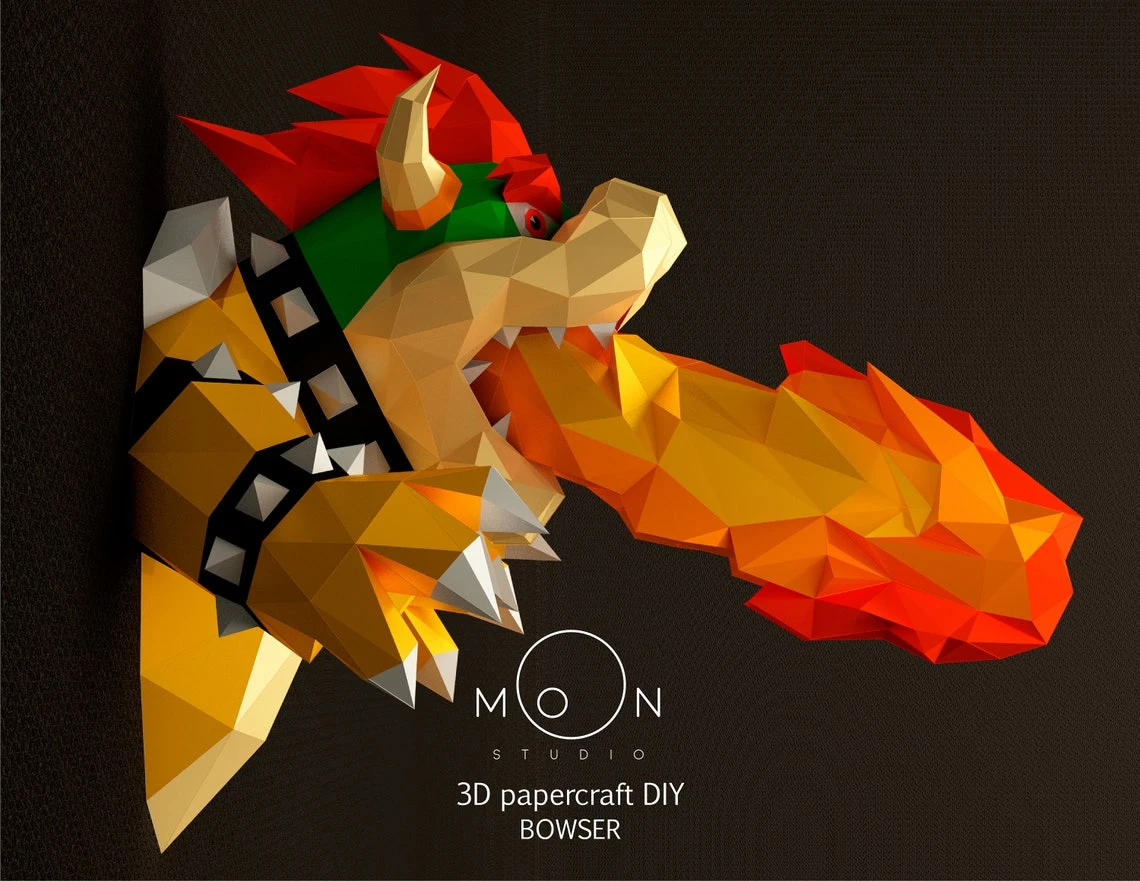 Bowser, DIY, Papercraft, PDF, Low Poly, 3D model, Craft, Paper, Mario, Movie, Retro Game, Room Decor, Wall Decor