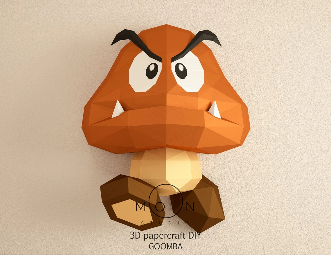 Goomba, DIY, Papercraft, PDF, Low Poly, 3D model, Craft, Paper, Mario, Retro Game, Nes, Snes, GBA, Gb, Room Decor, Wall Decor