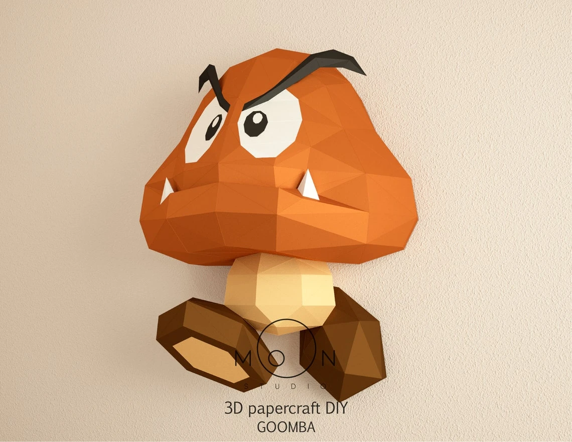 Goomba, DIY, Papercraft, PDF, Low Poly, 3D model, Craft, Paper, Mario, Retro Game, Nes, Snes, GBA, Gb, Room Decor, Wall Decor