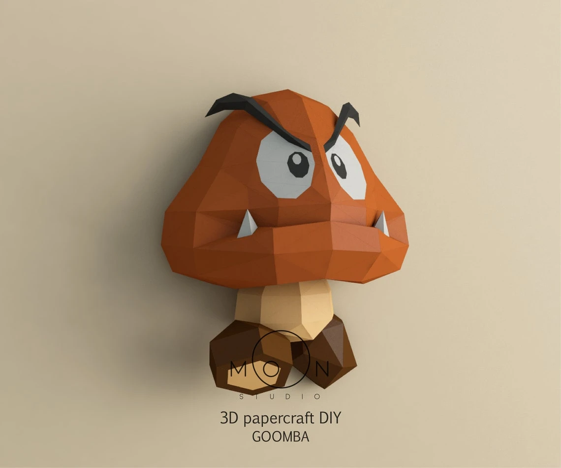 Goomba, DIY, Papercraft, PDF, Low Poly, 3D model, Craft, Paper, Mario, Retro Game, Nes, Snes, GBA, Gb, Room Decor, Wall Decor