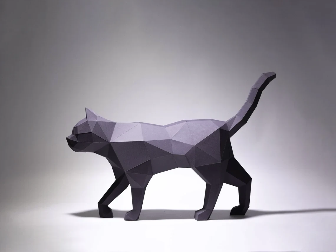 Cat Paper Craft, Digital Template, Origami, PDF Download DIY, Low Poly, Trophy, Sculpture, Model