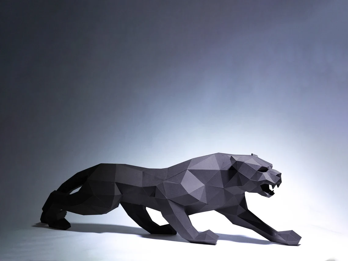 Angry Black Panther Paper Craft, Digital Template, Origami, PDF Download DIY, Low Poly, Trophy, Sculpture, Model