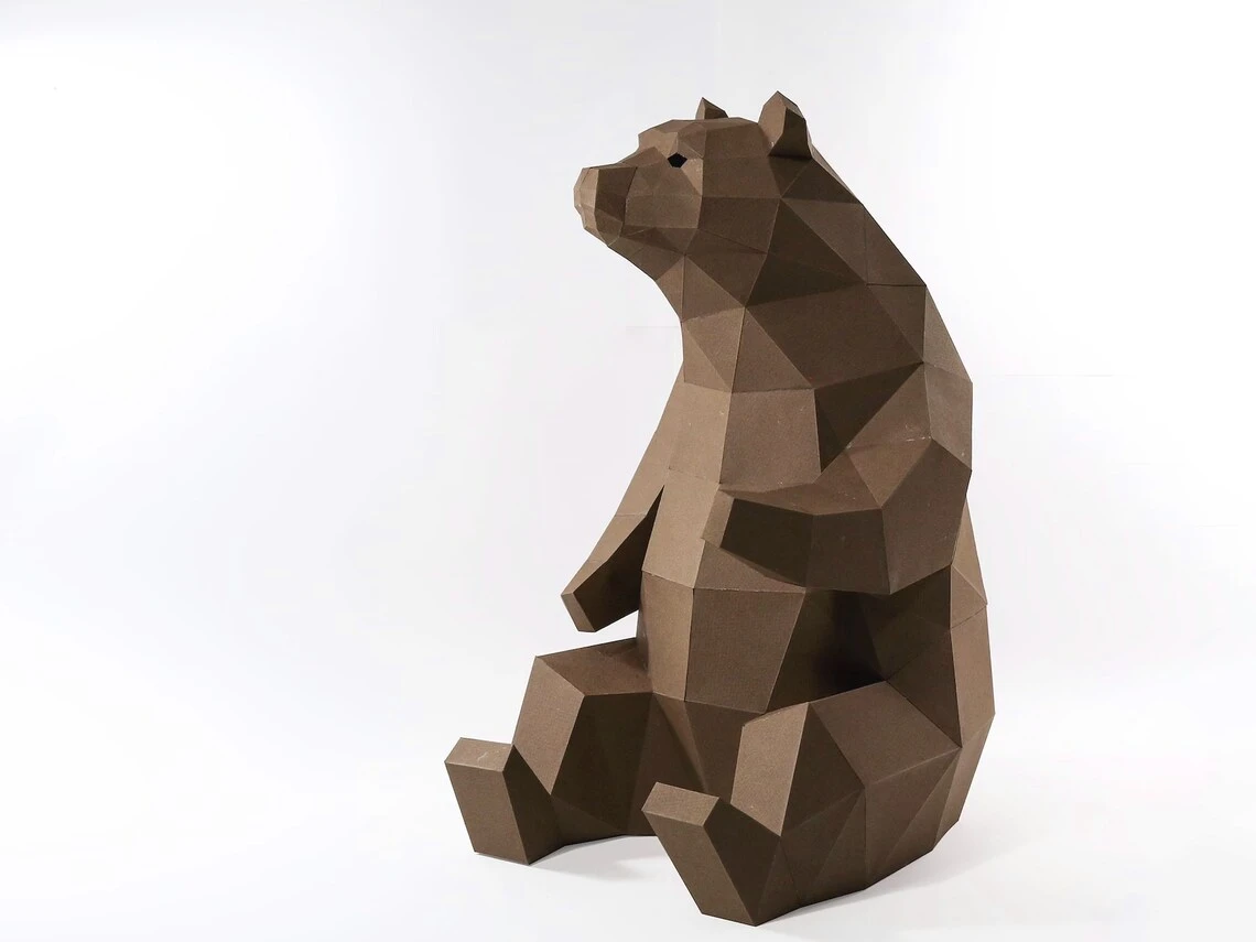 Bear Sit Paper Craft, Digital Template, Origami, PDF Download DIY, Low Poly, Trophy, Sculpture, 3D Model