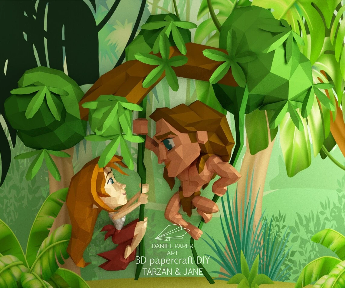 Tarzan and Jane PDF Template, DIY 3d Model, FanArt, Paper Sculpture, Low Poly, Pepakura, Craft, Manualidad, Paper Art