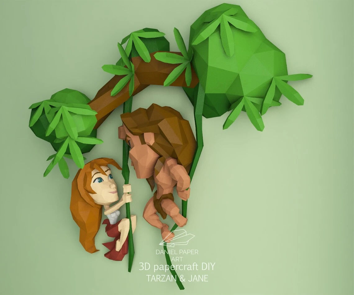 Tarzan and Jane PDF Template, DIY 3d Model, FanArt, Paper Sculpture, Low Poly, Pepakura, Craft, Manualidad, Paper Art