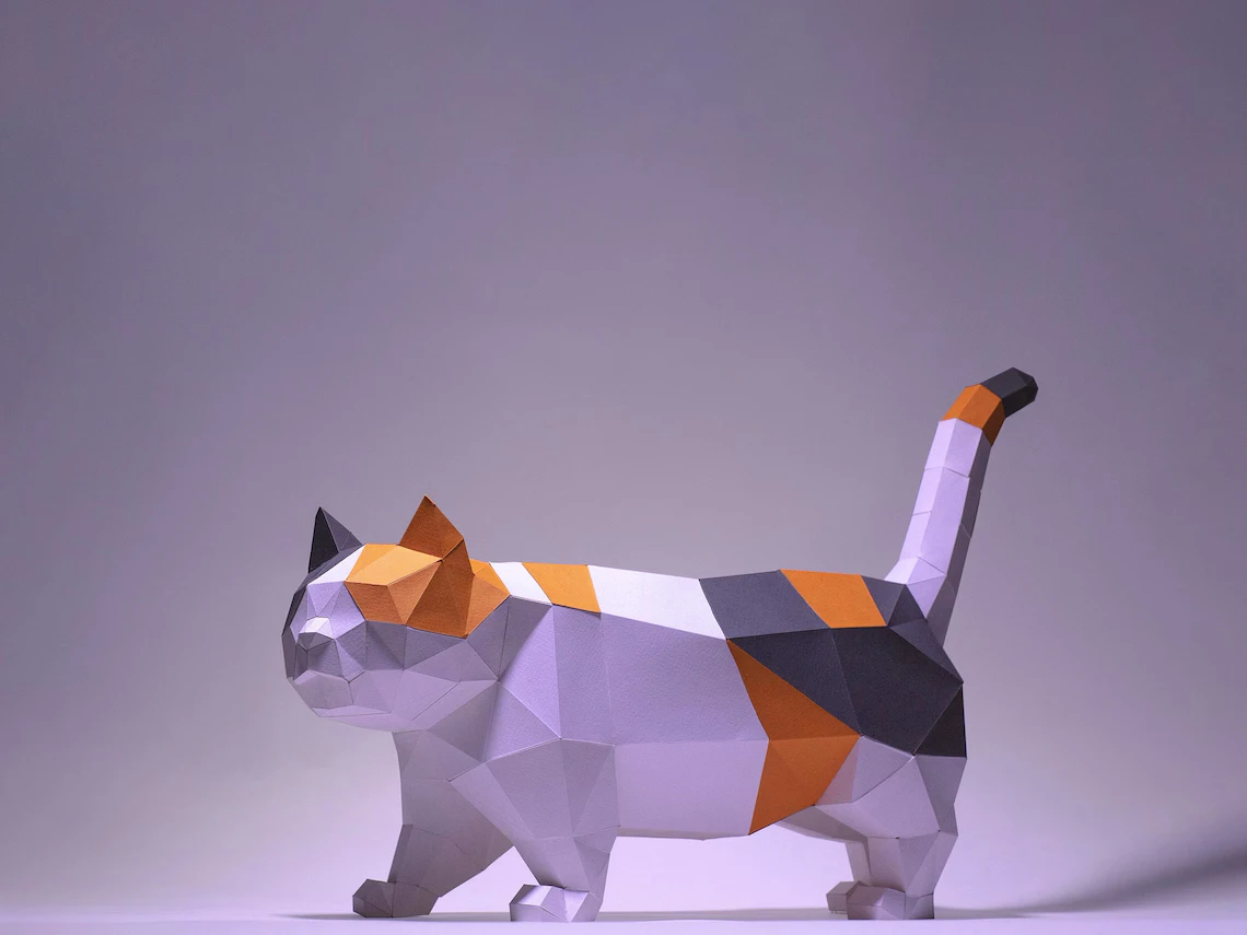 Munchkin Cat walking Paper Craft, Digital Template, Origami, PDF Download DIY, Low Poly, Trophy, Sculpture, Munchkin Cat Model