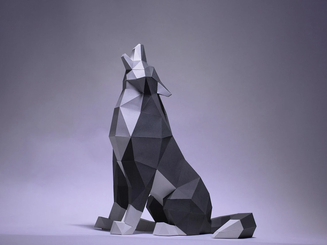 Wolf Sit Paper Craft, Digital Template, Origami, PDF Download DIY, Low Poly, Trophy, Sculpture, Wolf Model