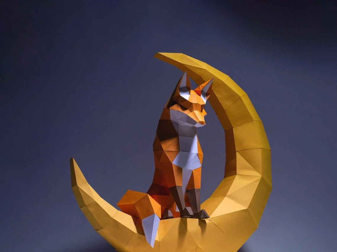 Moon Fox Paper Craft, Digital Template, Origami, PDF Download DIY, Low Poly, Trophy, Sculpture, Moon Fox Model