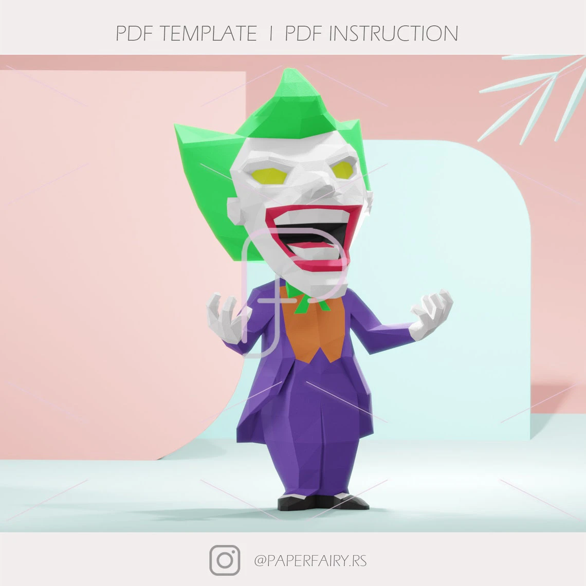 Low poly Joker Chibi doll 3d papercraft sculpture,3D paper model, modern art statue decor, faceted geometric sculpture forms