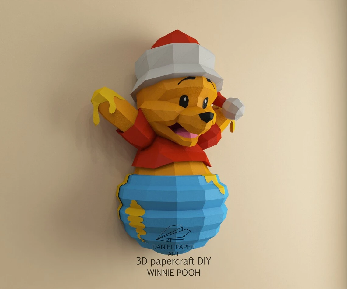 Pooh in the Honey pot, Winnie the Pooh PDF Template, DIY 3d Model, FanArt, Paper Sculpture, Low Poly, Pepakura, Craft, Manualidad, Paper Art