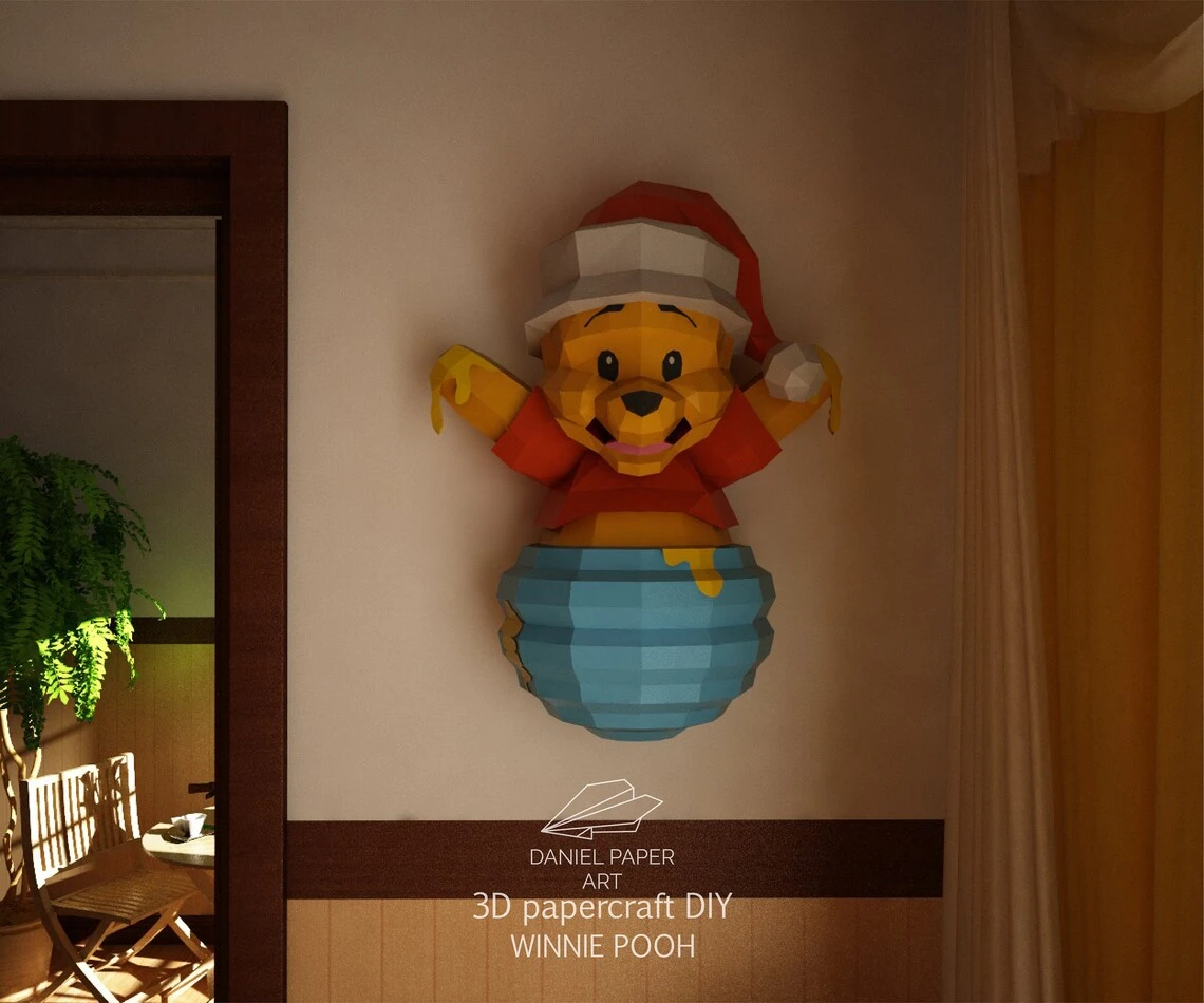 Pooh in the Honey pot, Winnie the Pooh PDF Template, DIY 3d Model, FanArt, Paper Sculpture, Low Poly, Pepakura, Craft, Manualidad, Paper Art