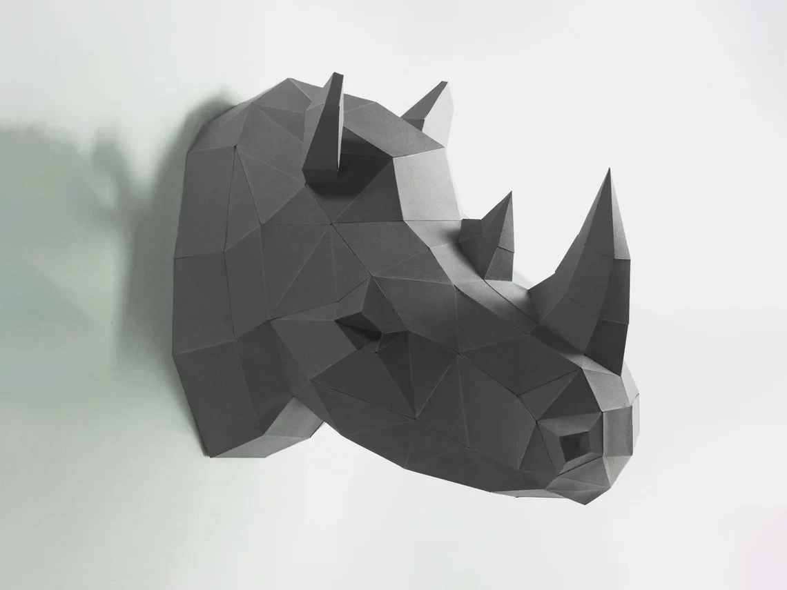 Rhino Head Wall Paper Craft, Digital Template, Origami, PDF Download DIY, Low Poly, Wall Decor