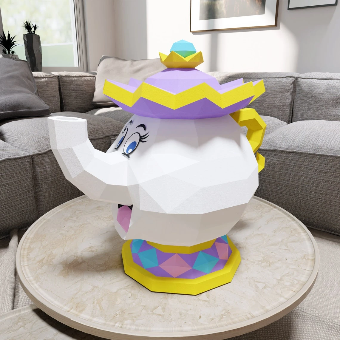 Papercraft chip and mrs Potts, templates in digital format Pdf, Beauty And The Beast, Decoration, Low Poly, origami, teapot cup