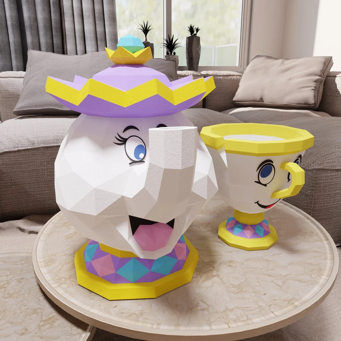 Papercraft chip and mrs Potts, templates in digital format Pdf, Beauty And The Beast, Decoration, Low Poly, origami, teapot cup