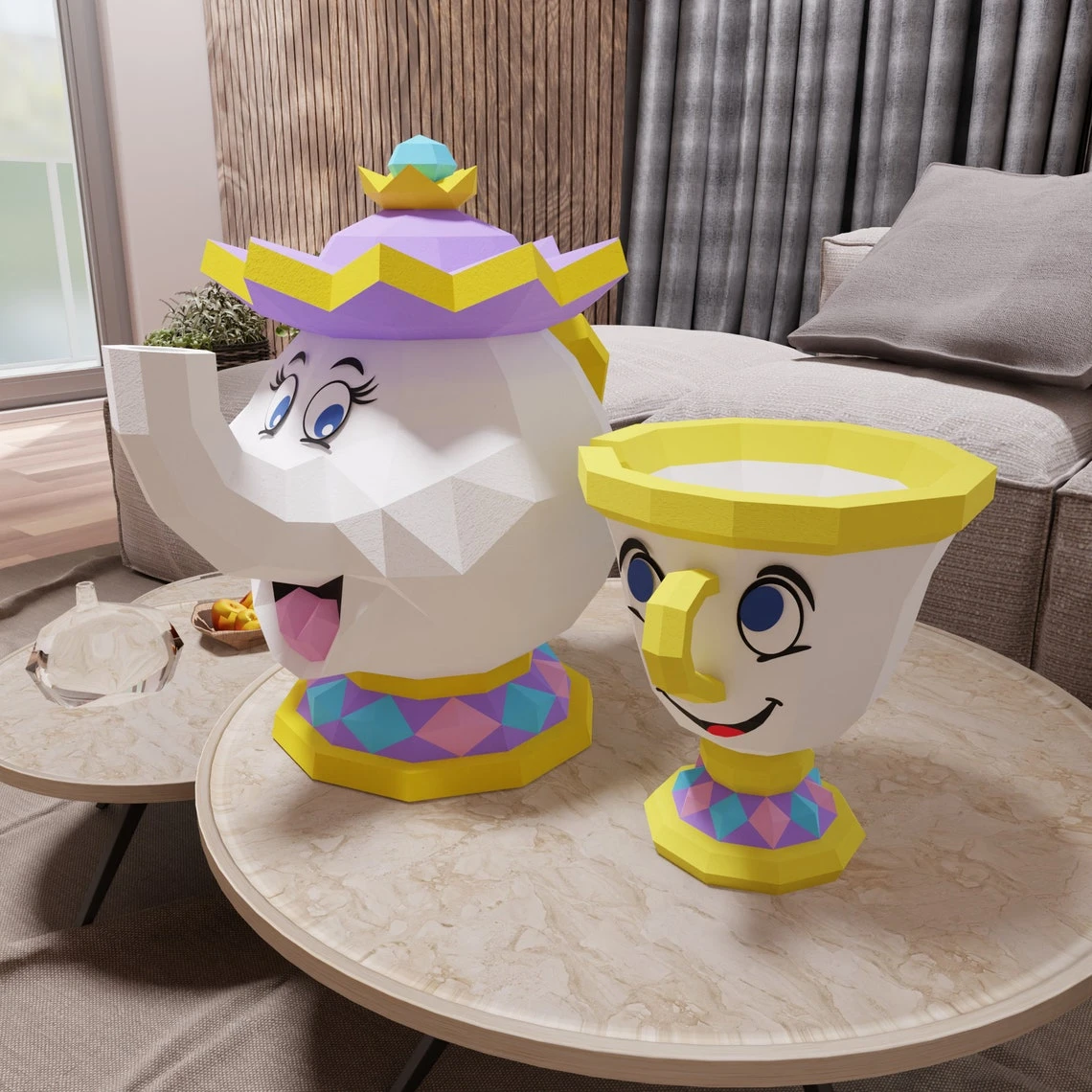 Papercraft chip and mrs Potts, templates in digital format Pdf, Beauty And The Beast, Decoration, Low Poly, origami, teapot cup