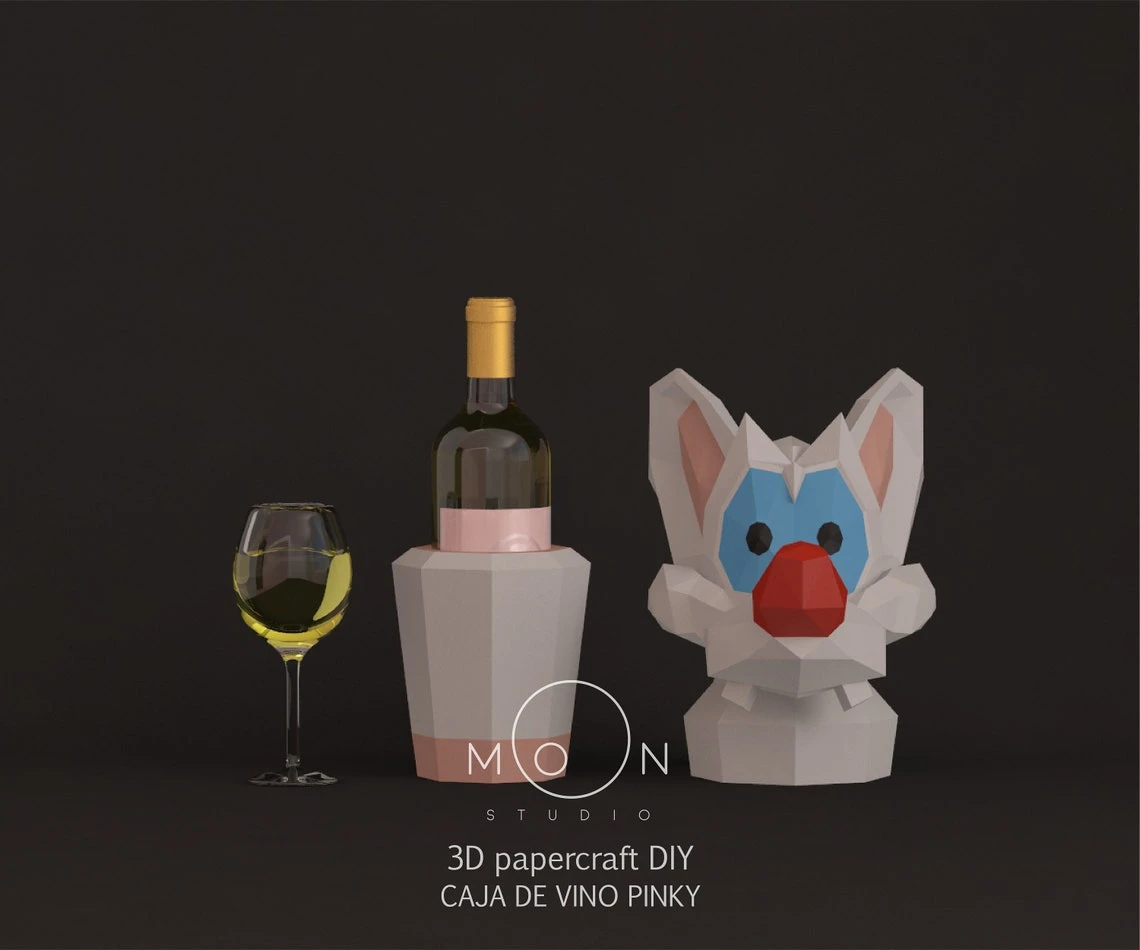 Pinky Wine Box, Papercarft, PDF Templates, DIY 3D Model, Low Poly, Pepakura, Craft, Manualidades, Pinky, Brain, Warner Bros, Animation.