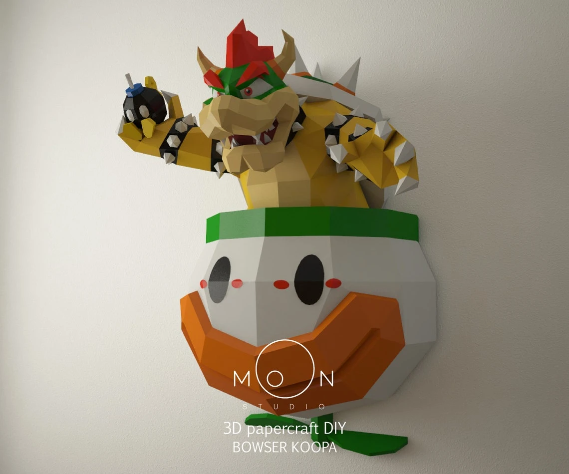 Bowser Koopa, Wall Papercraft PDF, Dxf, Cameo, Svg, DIY, Low Poly Paper, Papercraft 3D, Room, Wall Decor.