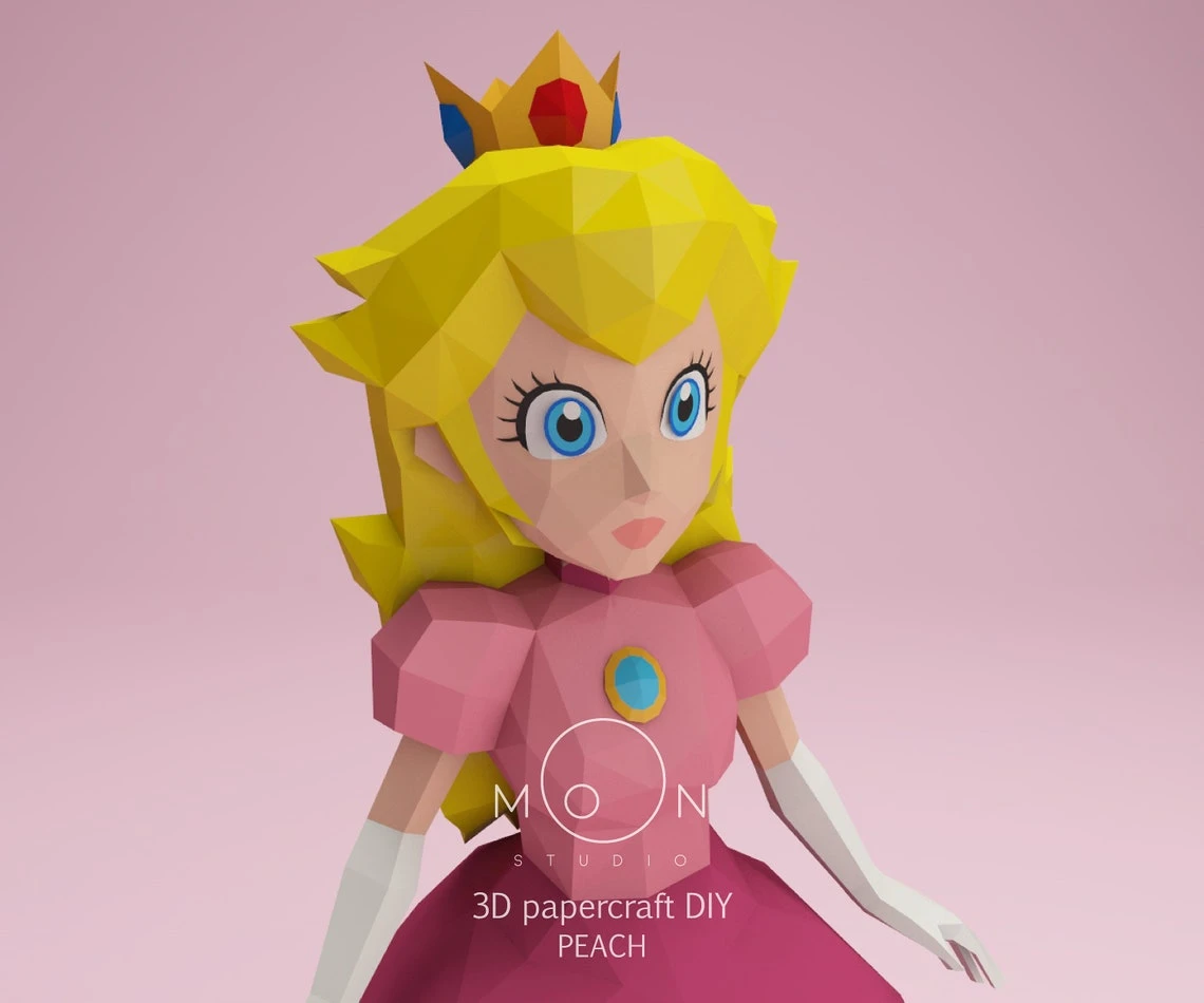 Peach, Princess, DIY, Papercraft, PDF, Low Poly, 3D model, Craft, Paper, Mario, Retro Game, Movie, Room Decor, Wall Decor