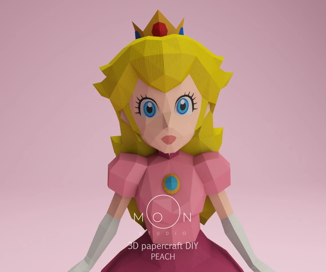 Peach, Princess, DIY, Papercraft, PDF, Low Poly, 3D model, Craft, Paper, Mario, Retro Game, Movie, Room Decor, Wall Decor