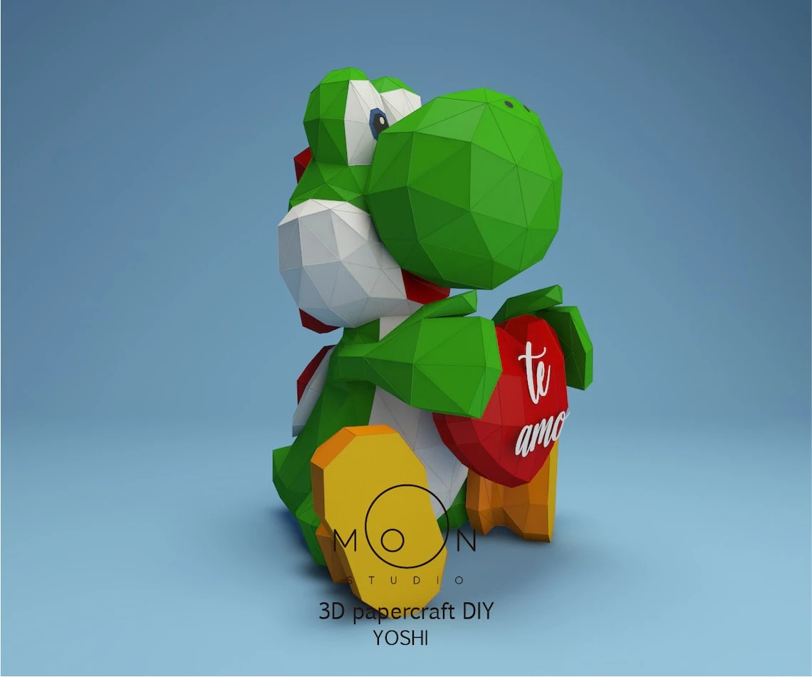 Yoshi I love You, Yoshi Te Amo, DIY, Papercraft, PDF, Low Poly, 3D model, Craft, Paper, Retro Game, Valentine's Day, Love, Room Decor