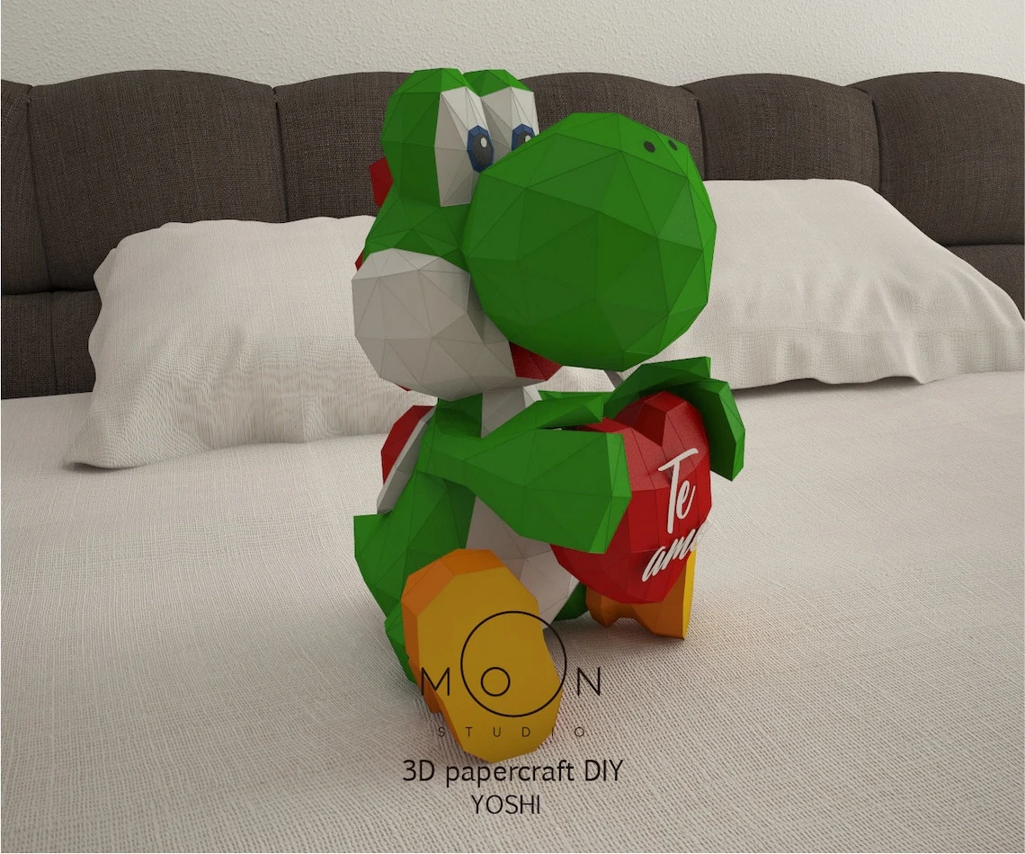 Yoshi I love You, Yoshi Te Amo, DIY, Papercraft, PDF, Low Poly, 3D model, Craft, Paper, Retro Game, Valentine's Day, Love, Room Decor