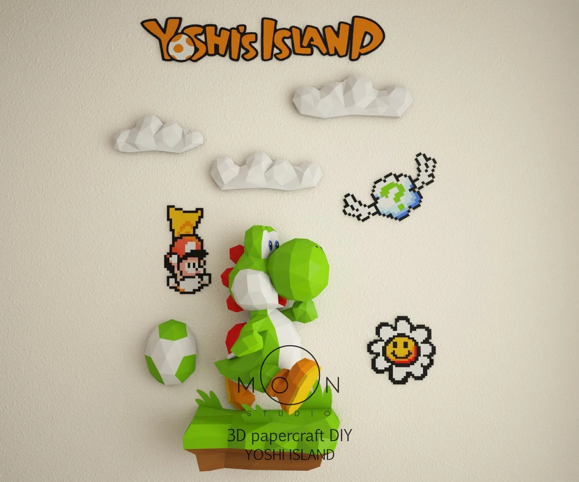 Yoshi Island, DIY, Papercraft, PDF, Low Poly, 3D model, Craft, Paper, Retro Game, GBA, Nes, Snes, Gbc, Room Decor, Wall Decor